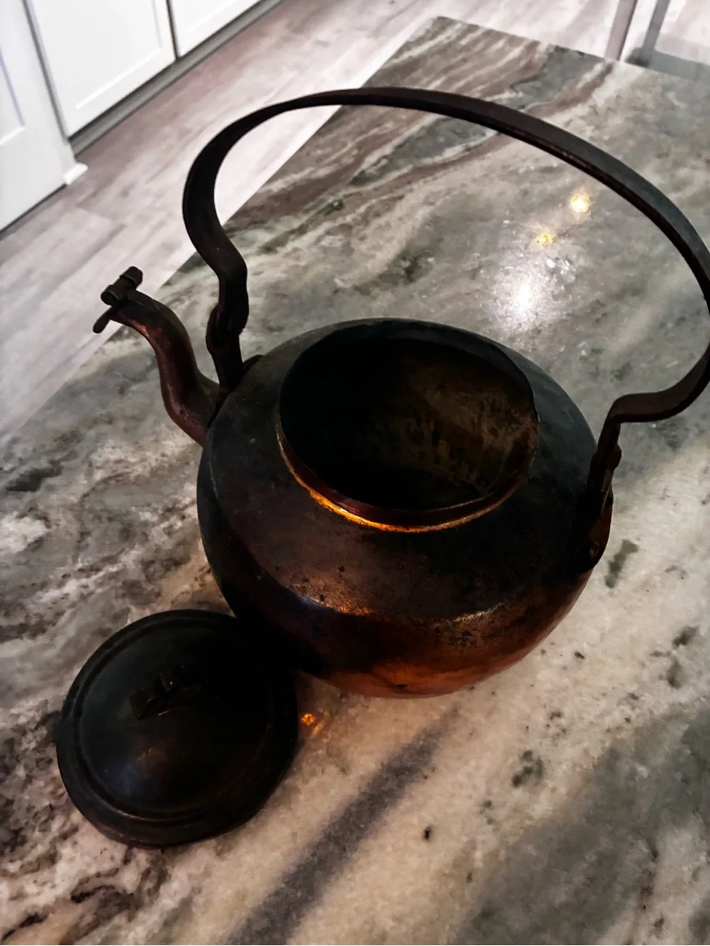 Early antique primitive Copper Kettle in Warm Copper and Dark Patina